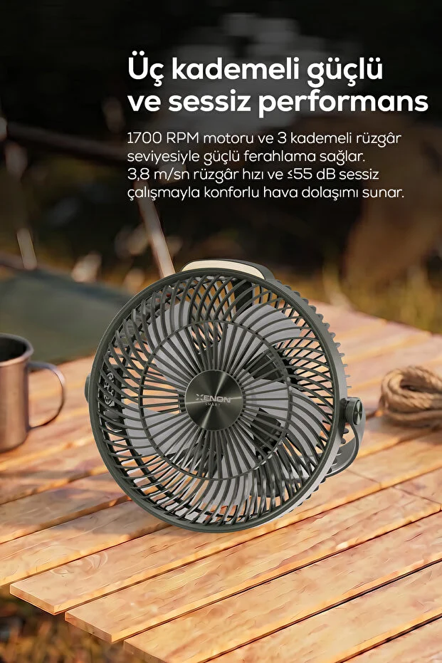 Taşınabilir Kamp Vantilatörü | 8000 mAh, Bataryalı, Tripodlu, Işıklı, Sessiz (X7434-Yeşil)